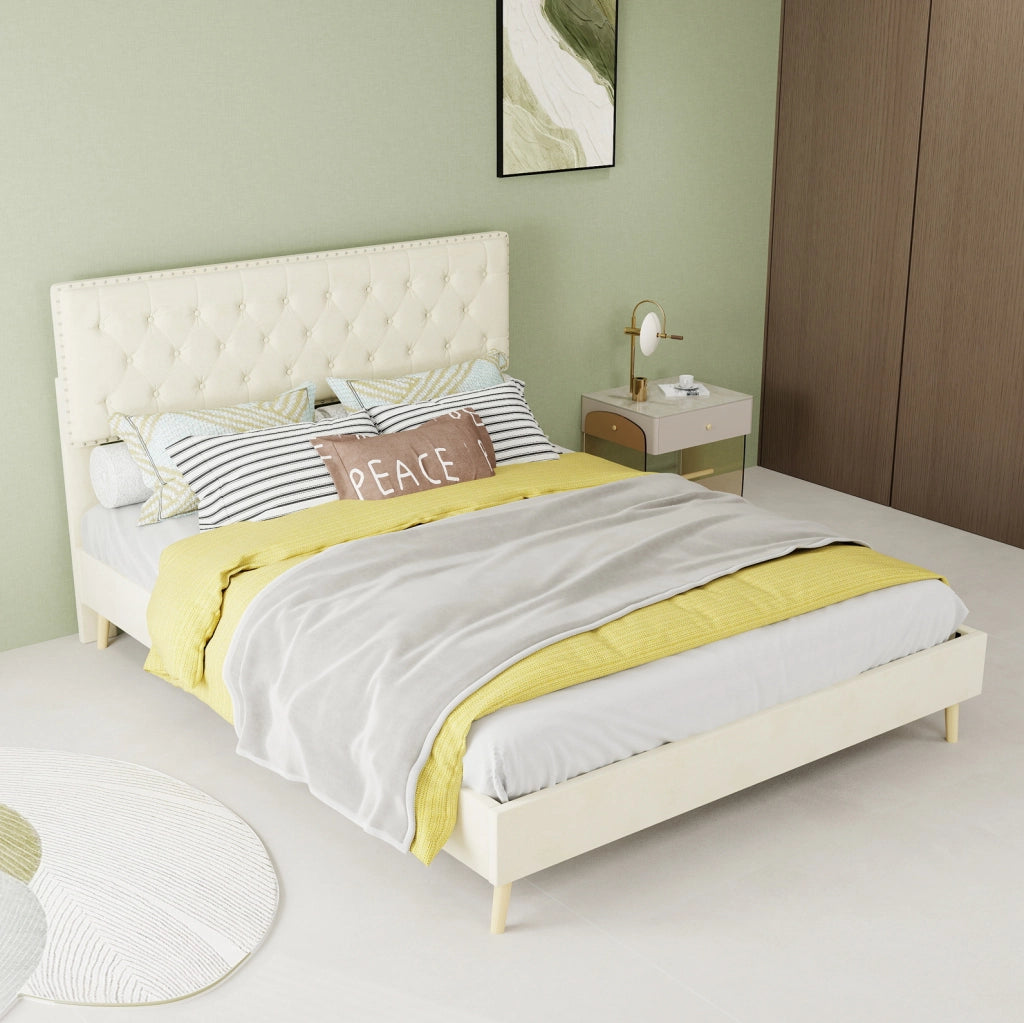 Letto matrimoniale 140x200 cm in velluto olandese beige con testiera alta