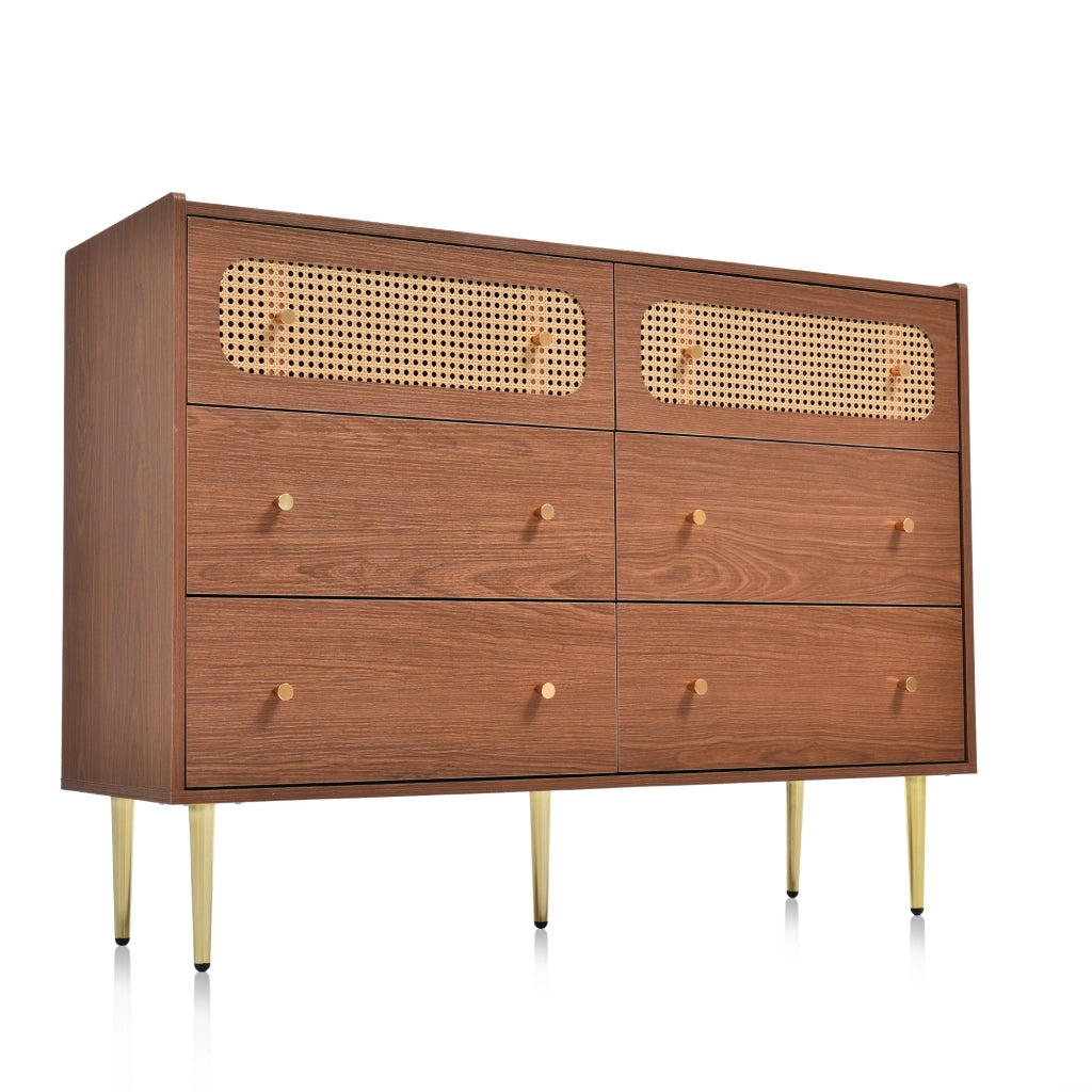 Cassettiera vintage a 6 cassetti in effetto noce con dettagli in rattan e gambe in metallo, 120 cm