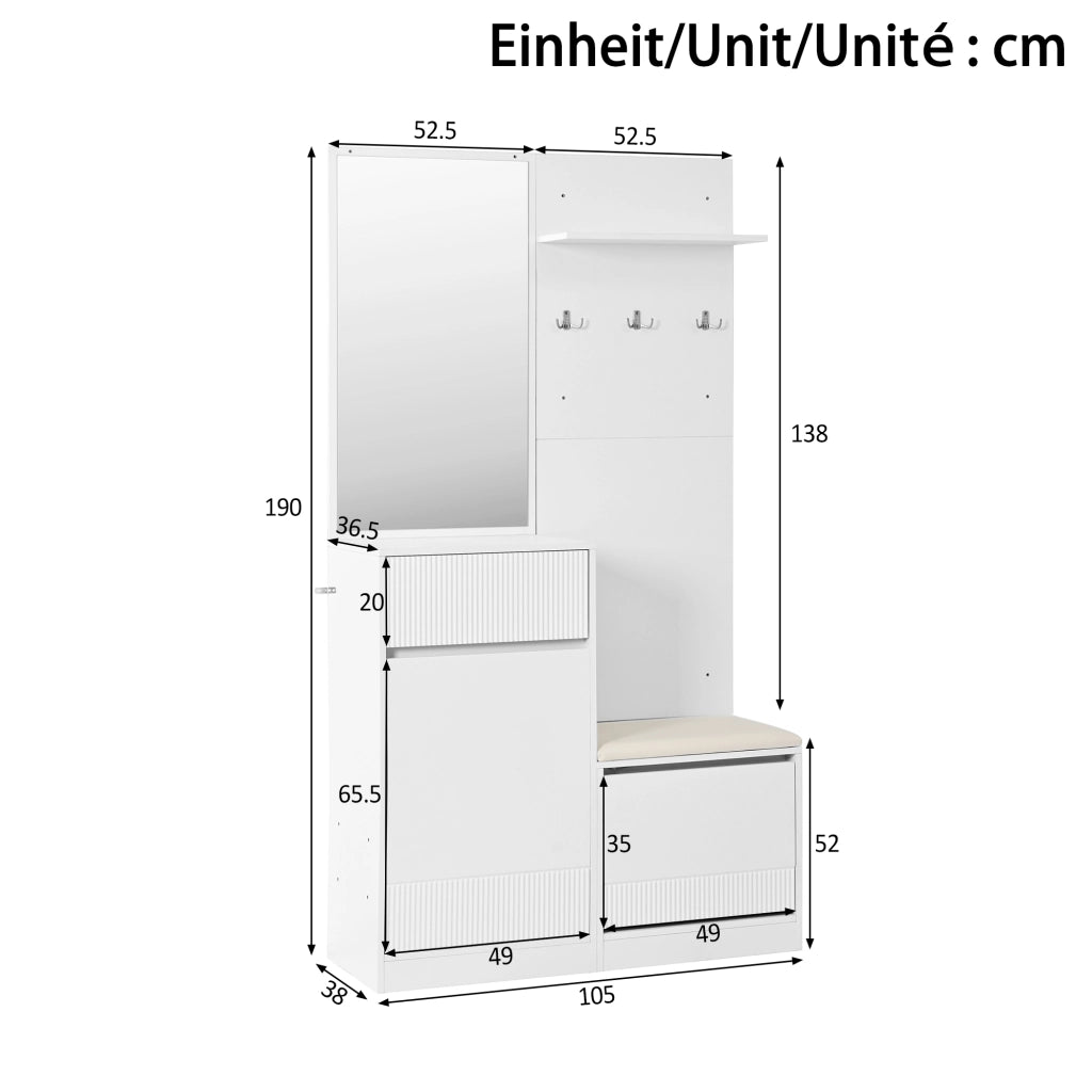 Mobile ingresso con scarpiera; specchio; seduta e LED; per ingresso; 105 × 38 × 190 cm