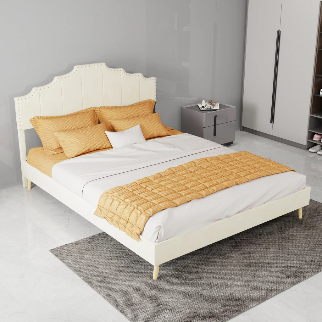 DESMIU Letto matrimoniale 140 × 200 cm 2 posti con testiera geometrica, senza materasso, in tessuto beige