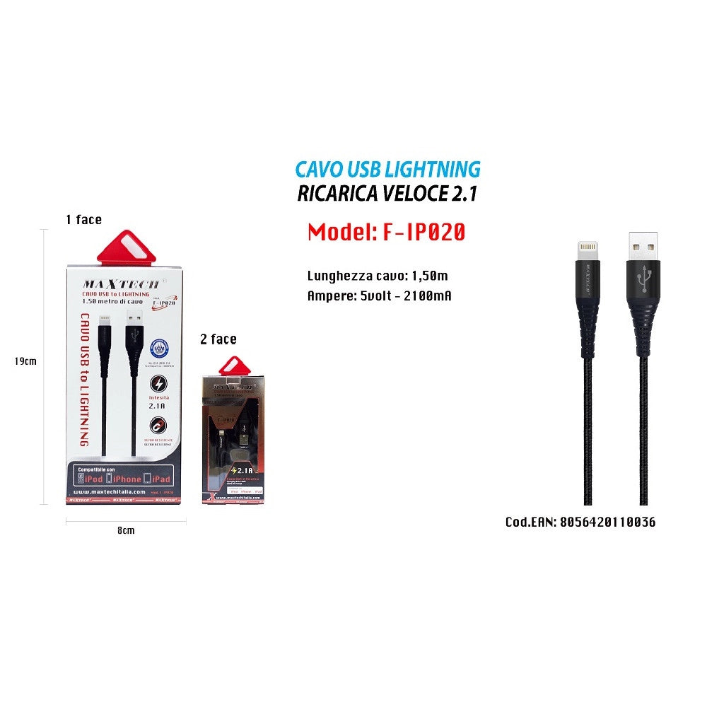 Trade Shop - Cavo Usb 1,5mt Caricabatteria Usb 2.1 Lightning Iphone Ipad Ipod Maxtech F-ip020 -