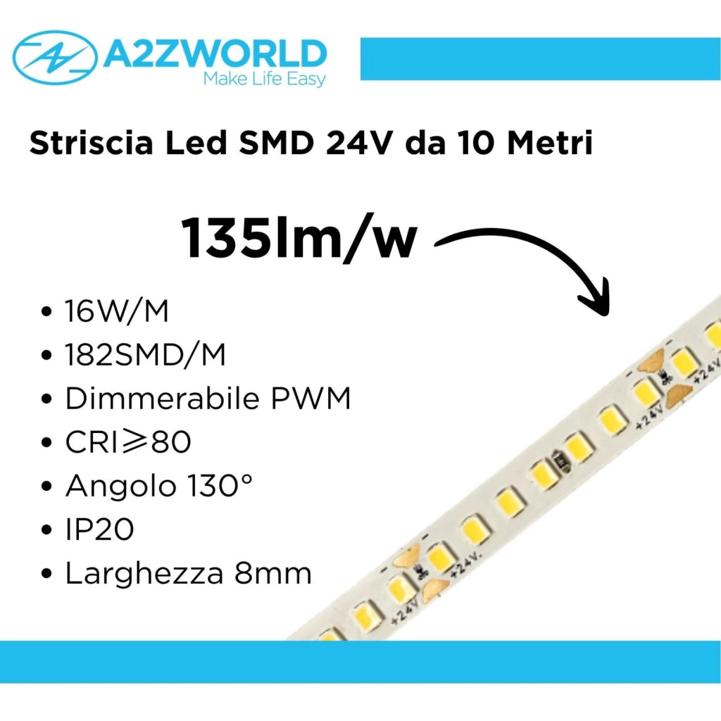 24V Striscia Led SMD Da 10 Metri, 16W/M 135lm/W 182SMD/M, Bianco Freddo 6500K, Larga 8mm, Dimmerabile PWM, Tagliabile ogni 7smd Da 38mm, IP20, CRI>80