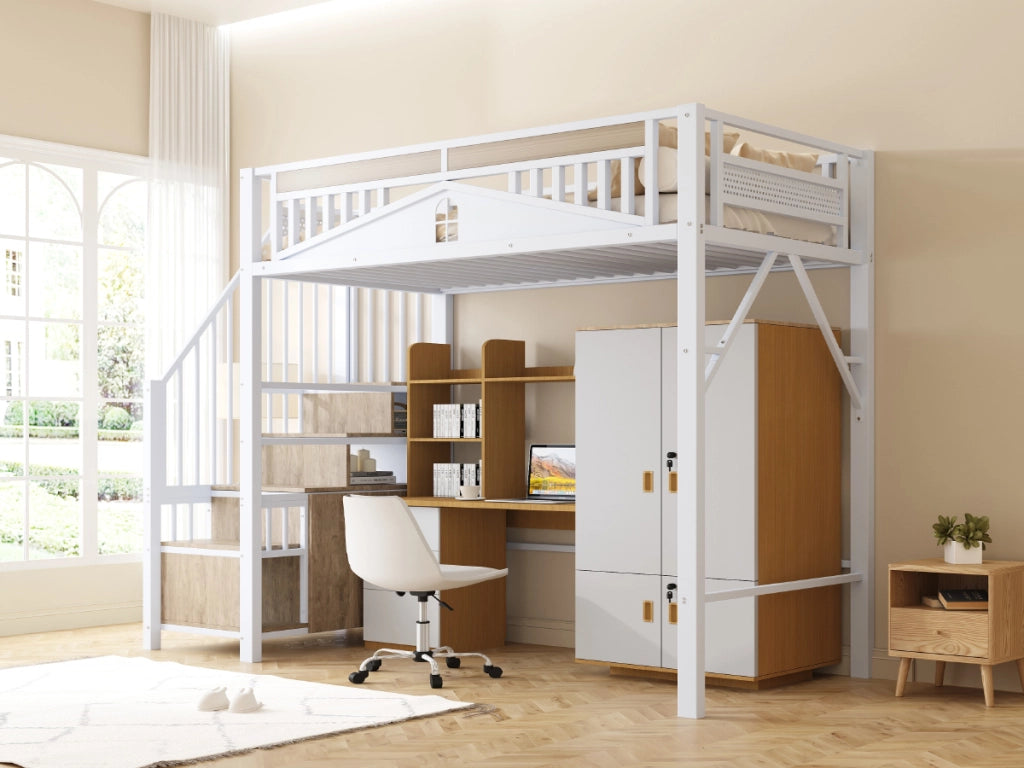 Letto a castello metallo e legno bianco con funzione contenitore 90x200 cm