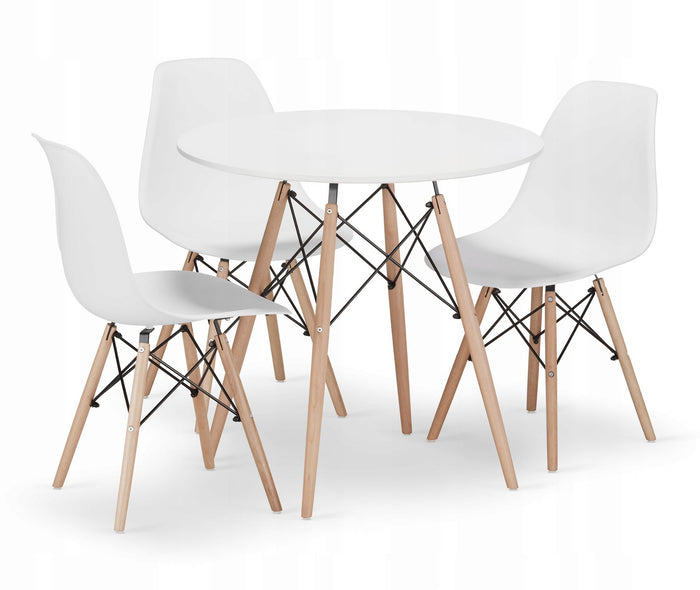 Tavolo rotondo bianco Valora KOVA Ø80 con gambe in faggio + 3 sedie OSAKA