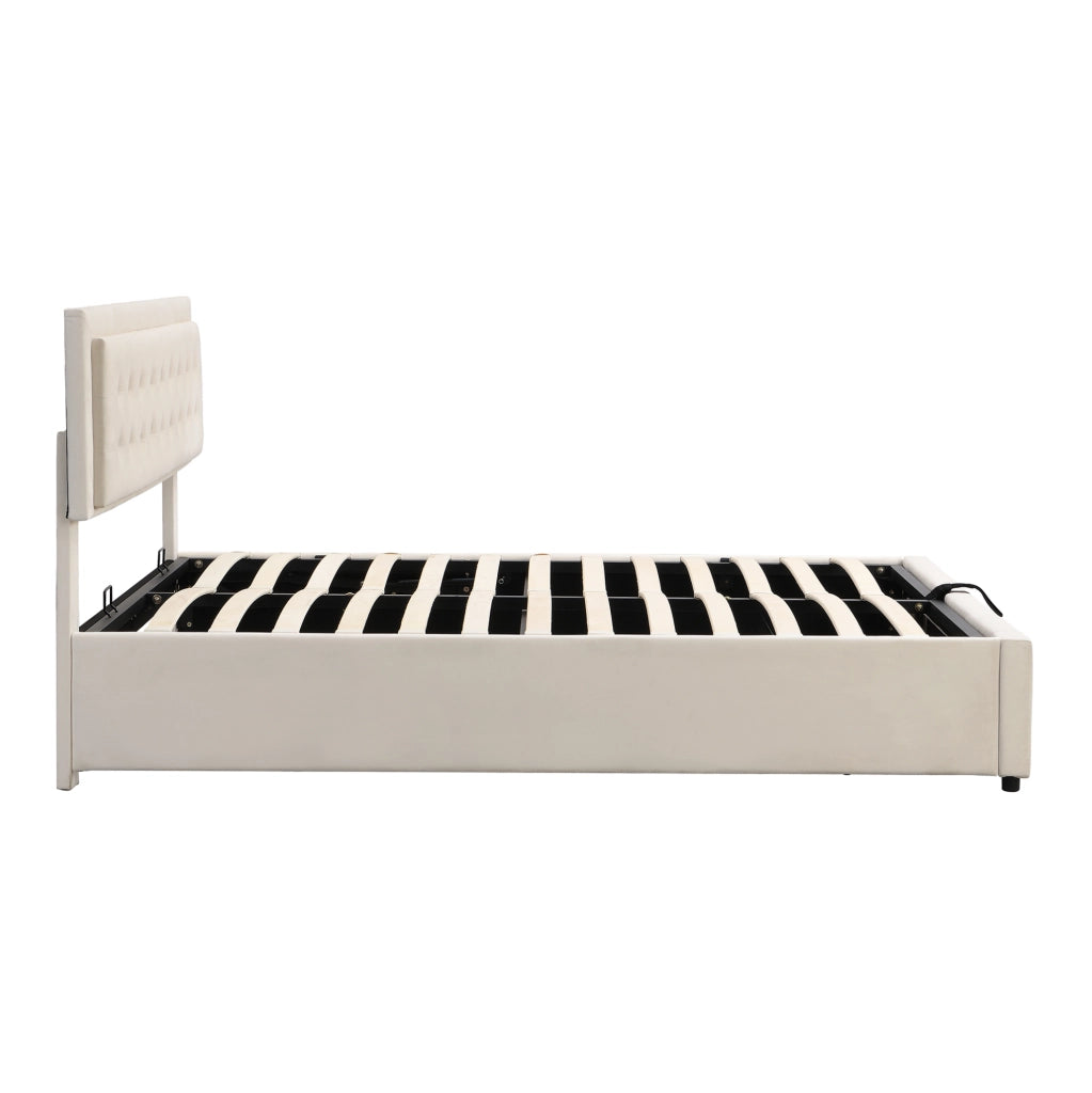 Letto matrimoniale contenitore con cassetti; testiera regolabile; velluto; 160x200 cm; beige