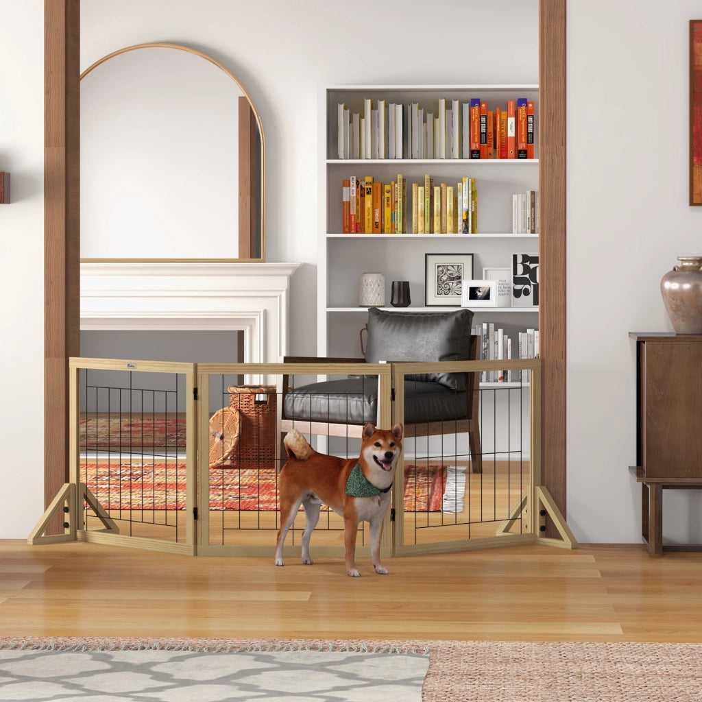 Cancellino per Cani Pieghevole con 3 Pannelli e Piedini Triangolari, 210x70 cm, Legno Naturale
