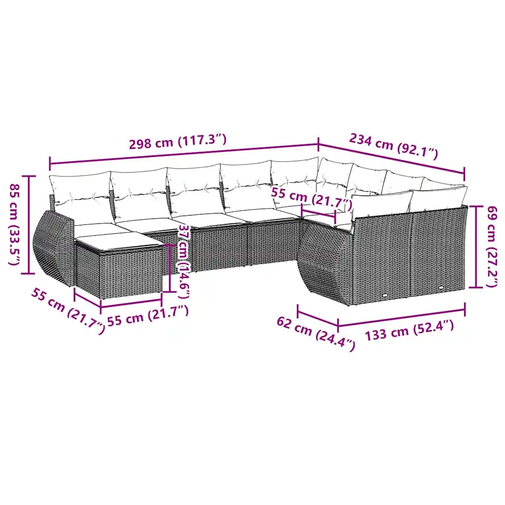 Set Divano Giardino 10 pz con Cuscini Grigio Chiaro Polyrattan