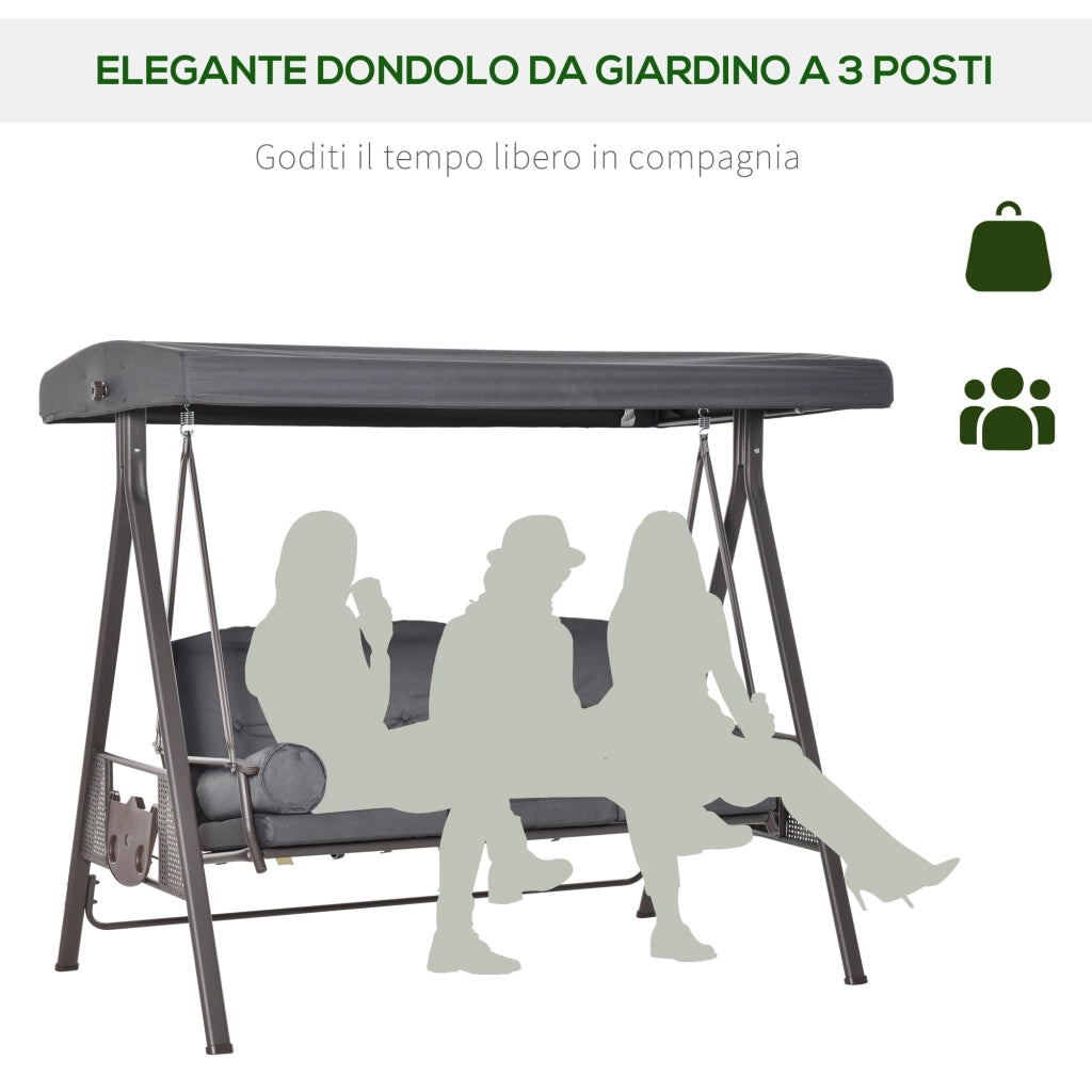 Dondolo da Giardino 3 Posti 208x120x172 cm Tetto Regolabile Portabicchieri e Cuscini Grigio