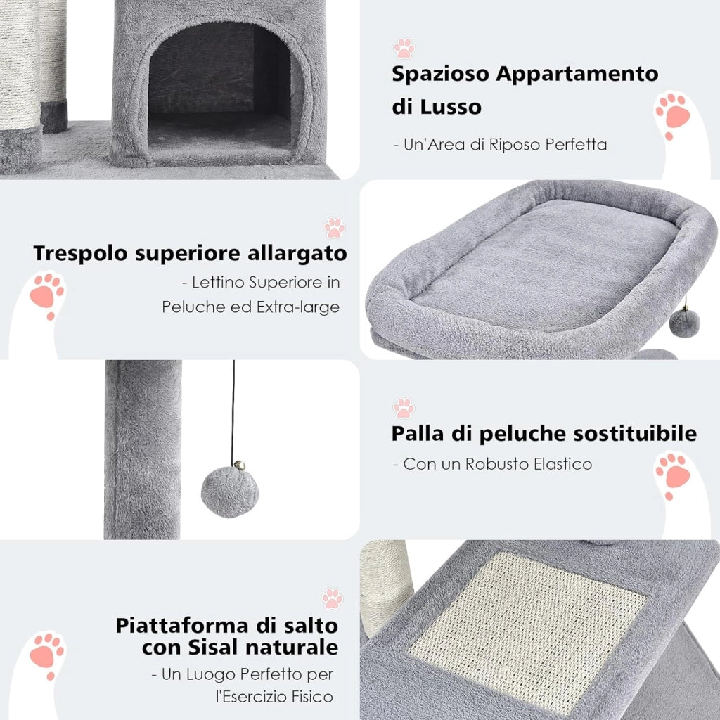 Albero per Gatti a 4 Piani, Torre per Gatti con Tiragraffi, Nicchia, Pallina di Peluche con Sonagli, Piattaforma per Saltare, Albero Tiragraffi Gattini (Grigio)