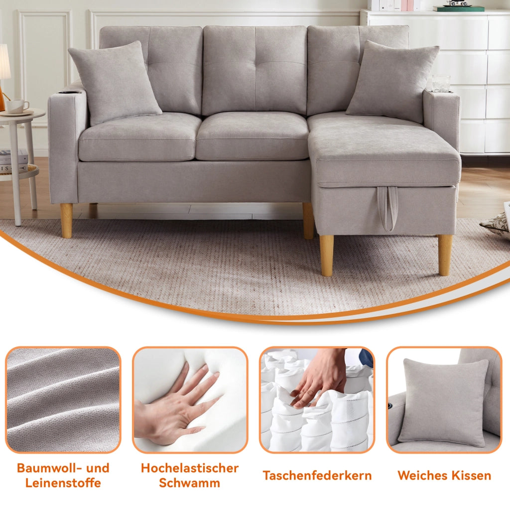 Divano angolare 3 posti con chaise longue e contenitore grigio