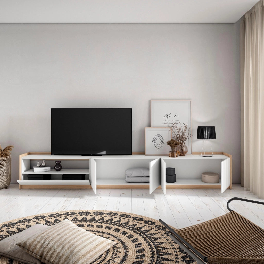 Mobile TV Soggiorno, 310x50x37 cm, Per TV fino a 80", Mobile Soggiorno, Bianco e Rovere soft