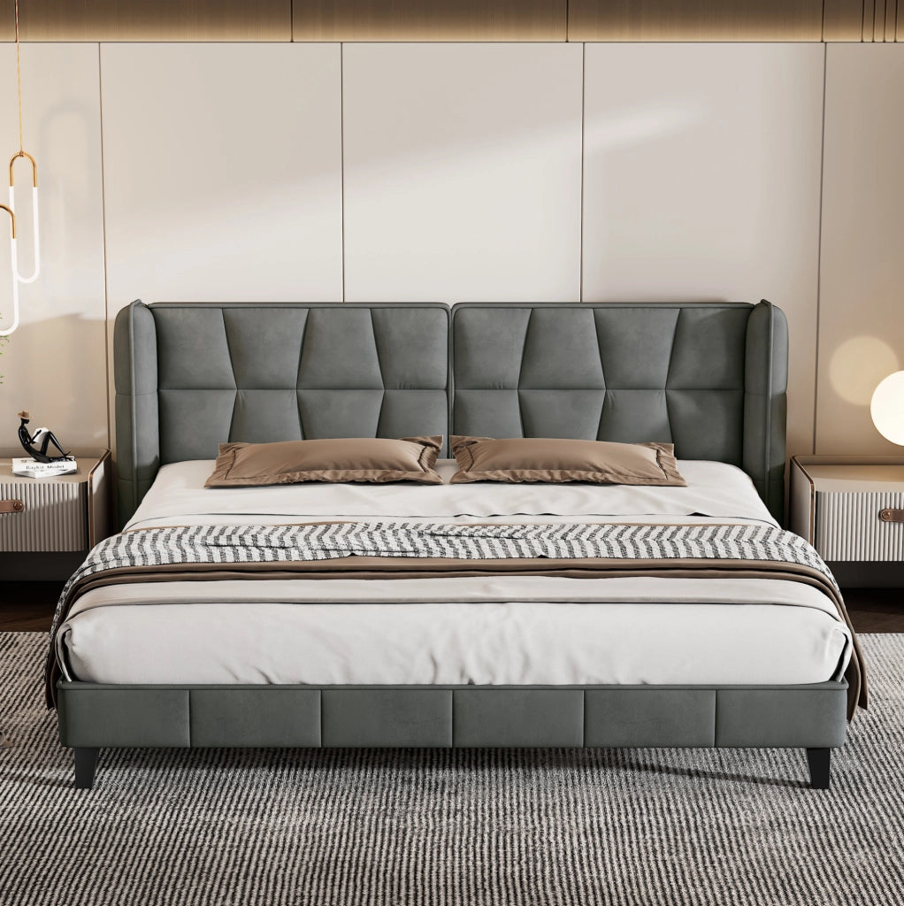 Letto imbottito 180x200 cm con testiera e rete a doghe; velluto grigio