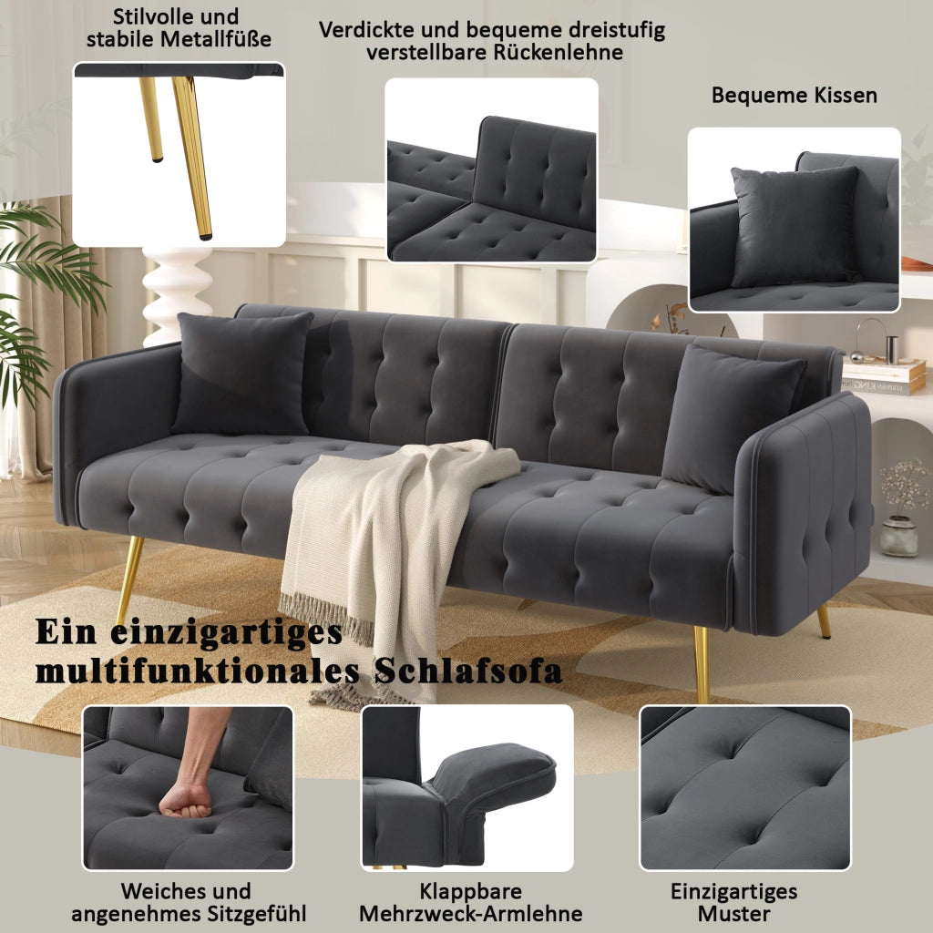 Divano Letto 2 Posti con Schienale Regolabile e Braccioli Multiposizione, Velluto Grigio Antico
