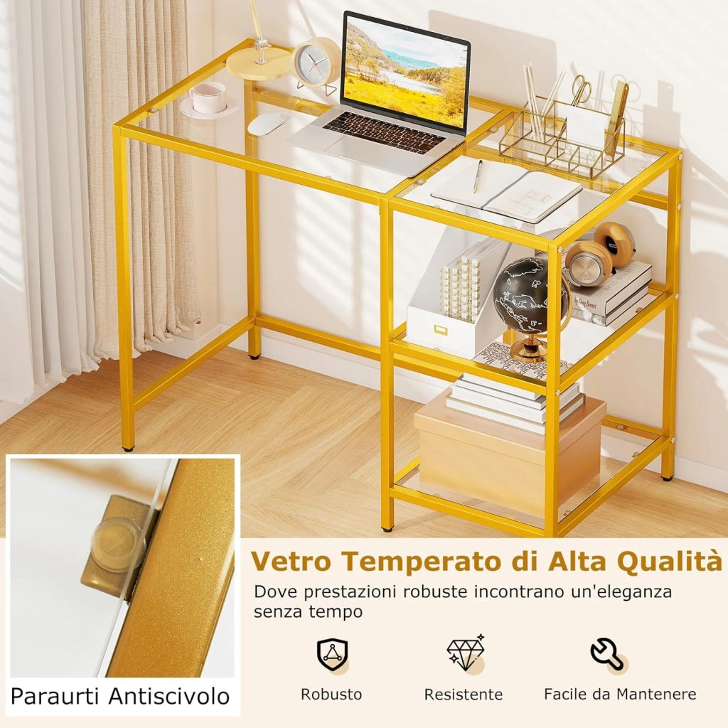 Scrivania con 2 Ripiani, Scrivania in Vetro Temperato e Acciaio, Scrittoio Salvaspazio e Moderno, Tavolo Versatile per Ingresso, Camera da Letto e Studio 106 x 51 x 77 cm (Oro)