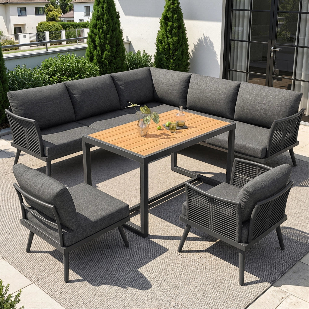 OKWISH Set da 5 Salotto da Giardino con 2 Divani, 2 Poltrone, Tavolino e Cuscini, per 7 Persone, Ferro Grigio