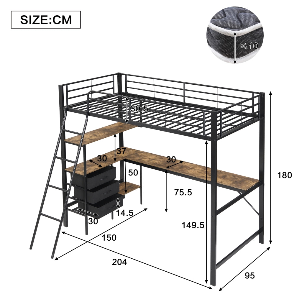Letto a castello con scrivania e cassetti ferro legno nero noce scuro 90x200 cm