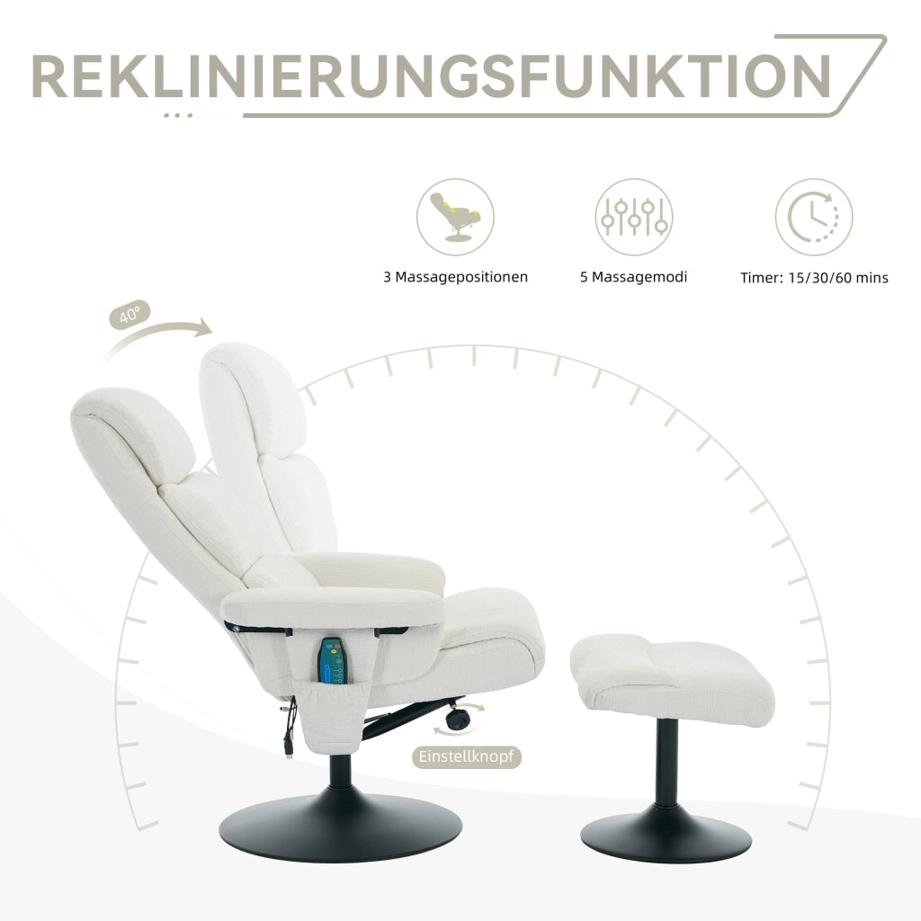 POLTRONA Relax con massaggio a 5 punti, riscaldamento, girevole 360°, 77x75,5x100 cm, bianca