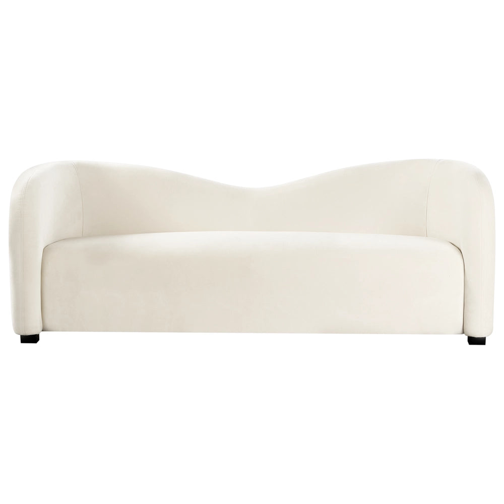 Set da salotto in velluto bianco sporco con divano e poltrone imbottiti davanti e dietro, schienale curvo, design moderno