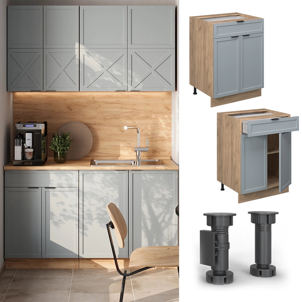 Mobiletto base per cucina Fame-Line Blu-grigio chiaro/Rovere dorato 60 cm con cassetto, PL Antracite Vicco