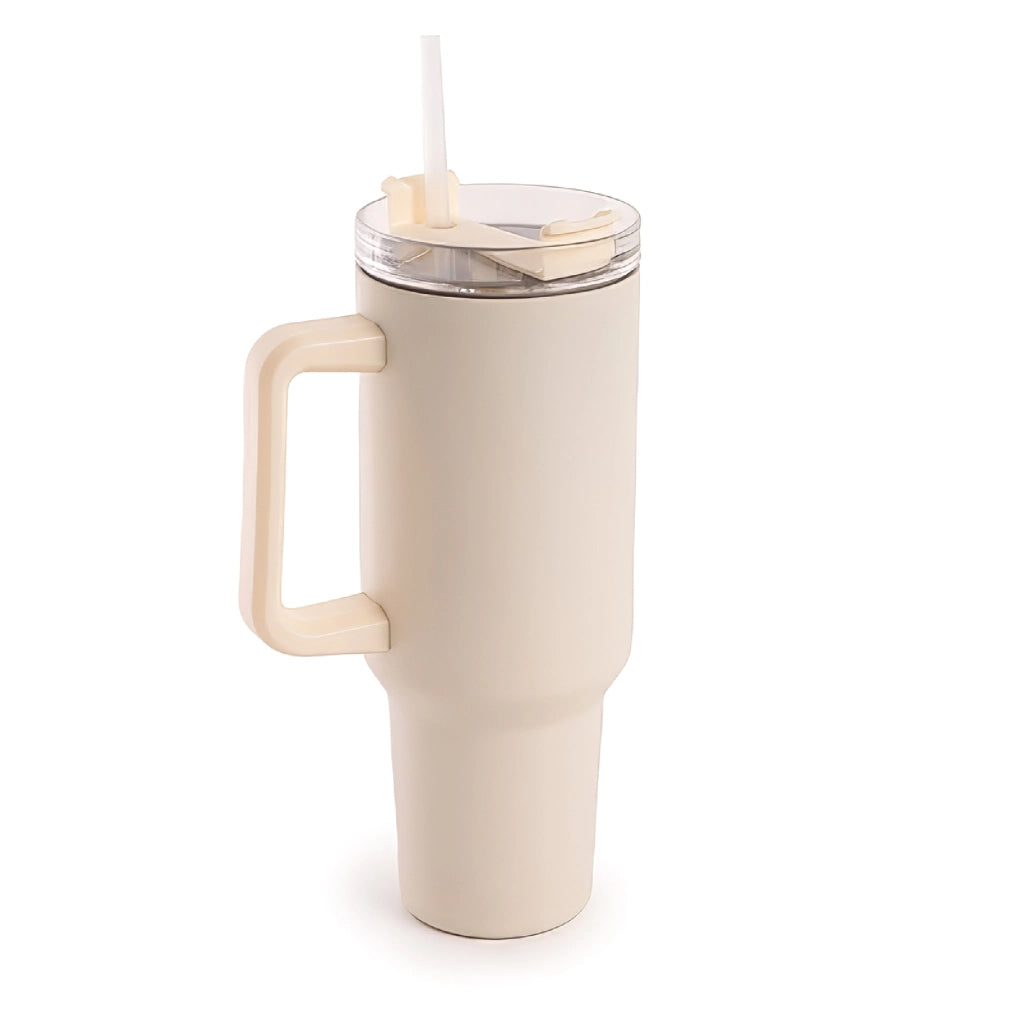 Borraccia Termica Americana 1200 ml in Acciaio Inox Doppio Strato Sottovuoto con Cannuccia e Manico – Smalto Antigraffio, Isolamento Caldo/Freddo, Coperchio Ermetico Panna