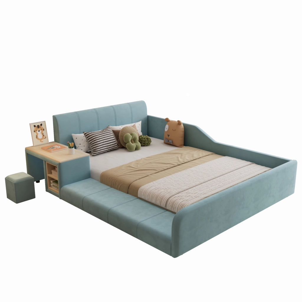 Letto per bambini imbottito con scrivania e sgabello; vani portaoggetti e doghe; velluto blu; 140x200 cm; senza materasso