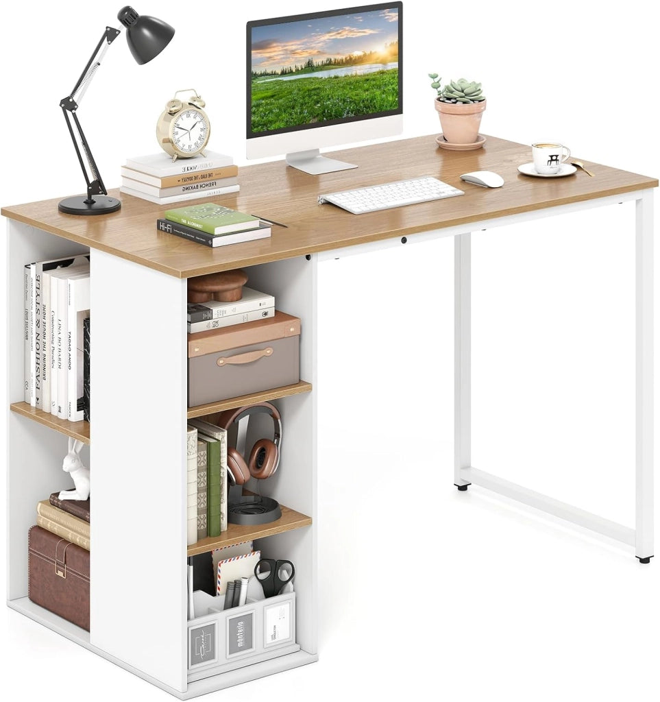 Scrivania per computer con stoccaggio, tavolo da studio con 5 scomparti aperti e struttura in metallo, moderna di lavoro a casa (naturale)