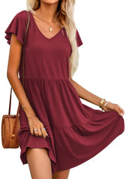 Vestito estivo donna V-collare A-line con maniche corte - Rosso vino S