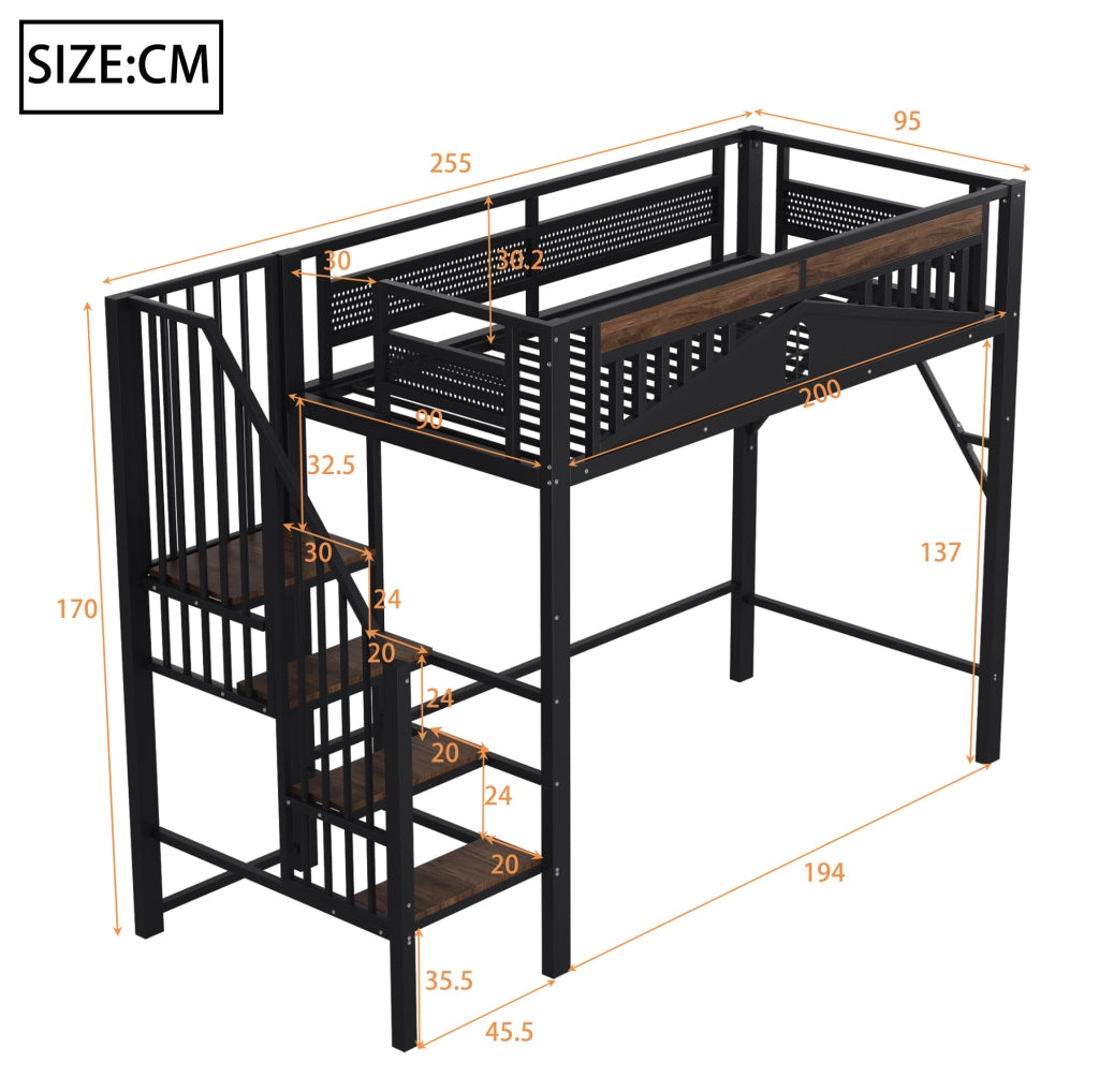 Letto a soppalco in metallo 90x200 cm con scala laterale e spazio contenitivo; nero