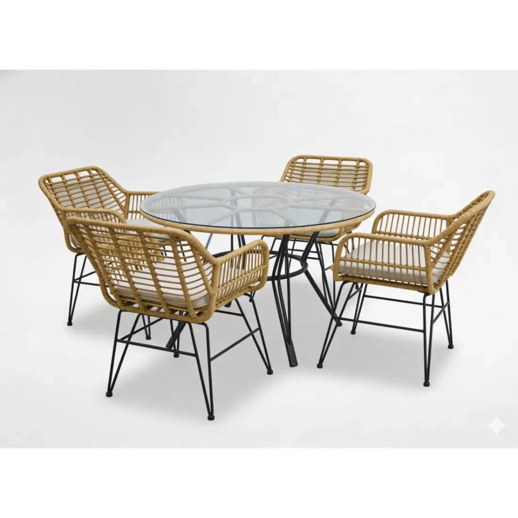 Salotto da giardino VALORIA 4 posti – Tavolo e 4 sedie in rattan marrone con cuscini grigi