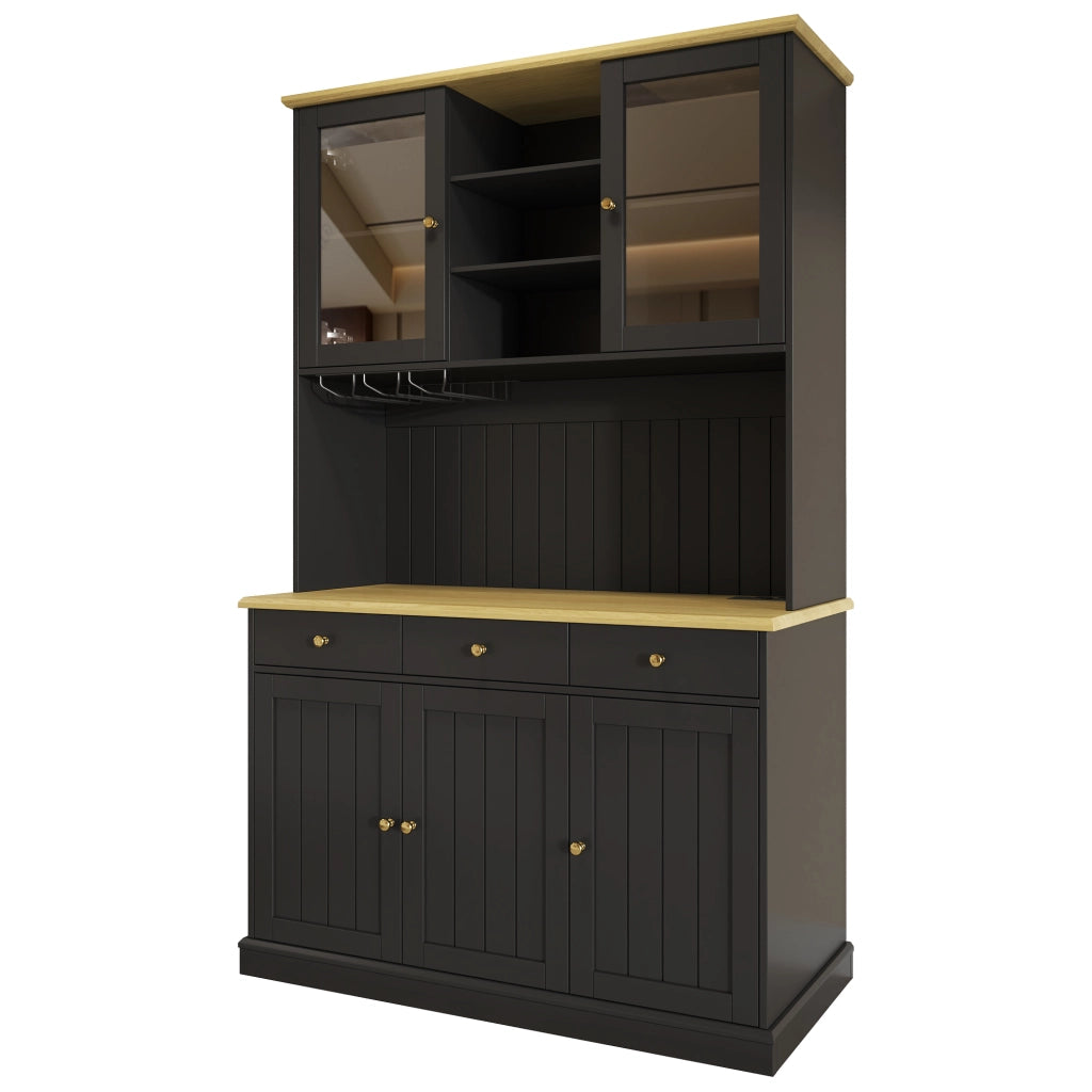 Buffet alto salvaspazio 120×40×191 cm con ante in vetro, portasbicchieri, ripiani regolabili, presa integrata e porte USB
