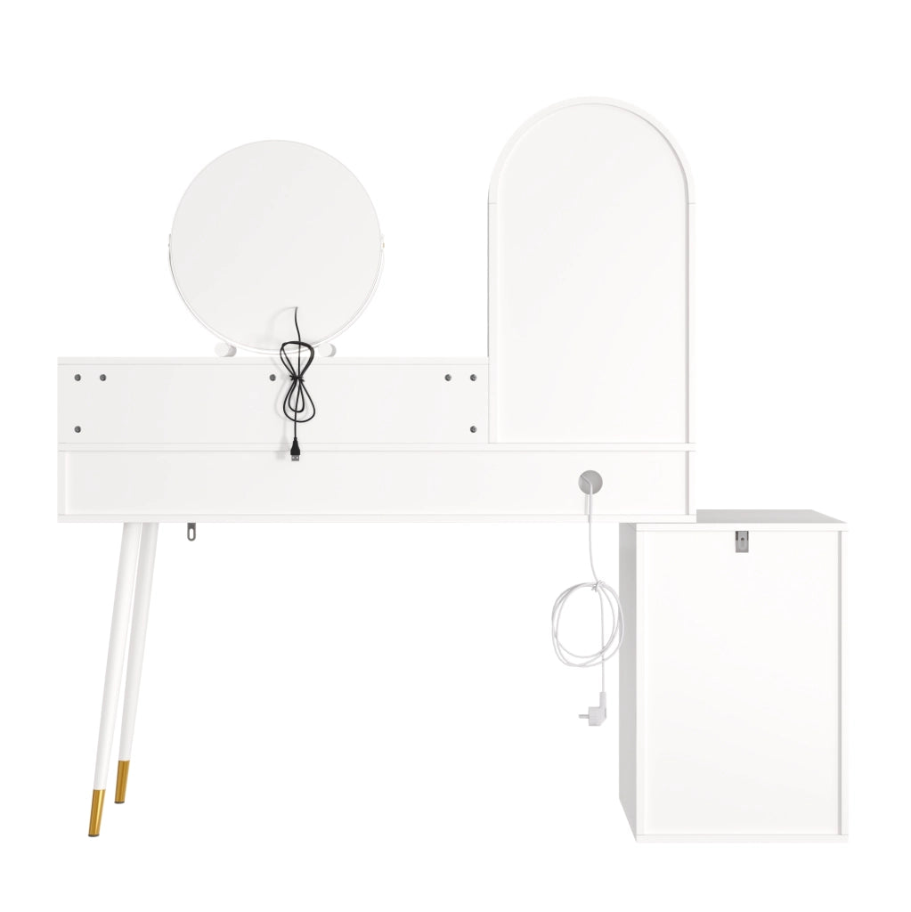 Toeletta con specchio LED; USB Type-C e 2 prese; 3 cassetti; 140x40x140 cm; bianco
