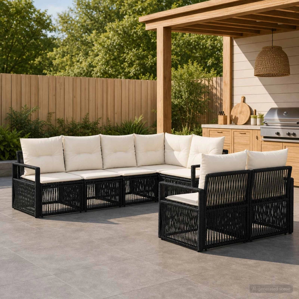 Set Divano da Giardino 7 pz 7-Numero di posti Nero polyrattan 3435769