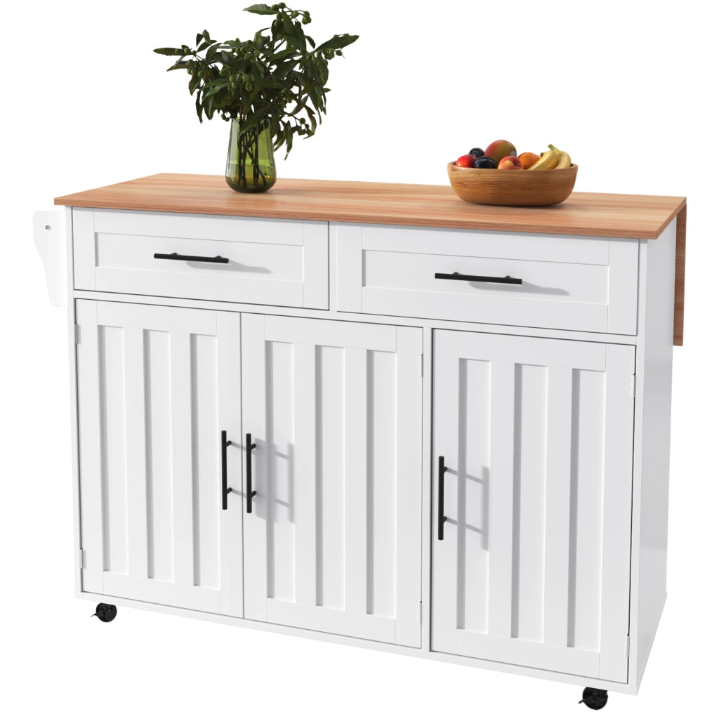 Carrello cucina con piano ribaltabile 129x71x91,5 cm, bianco/naturale, in MDF