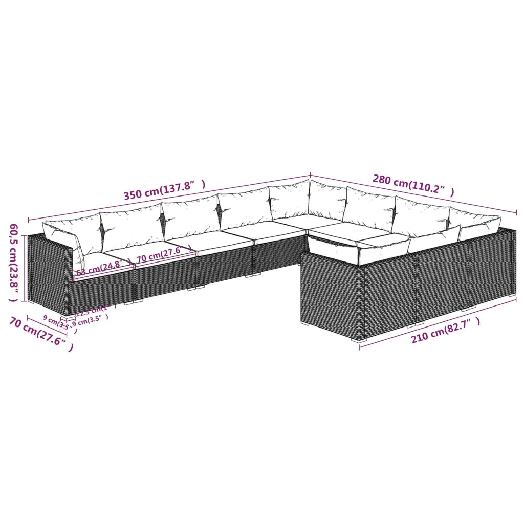 Set Divani da Giardino 10 pz con Cuscini in Polyrattan Marrone 3102780