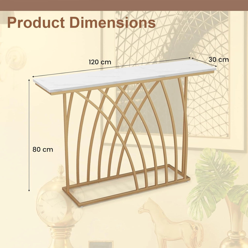 Tavolo da Console Ingresso Moderno con Piano in Finto Marmo, Struttura Geometrica in Metallo Dorato, 120 x 30 x 80 cm, Oro e Bianco