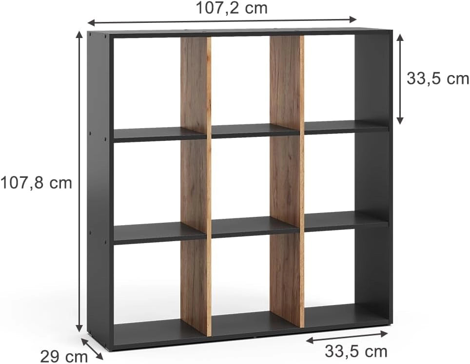 Scaffale Nove, Antracite/quercia dorata, 107.2 x 107.8 cm, per una suddivisione flessibile degli spazi e la conservazione dei libri
