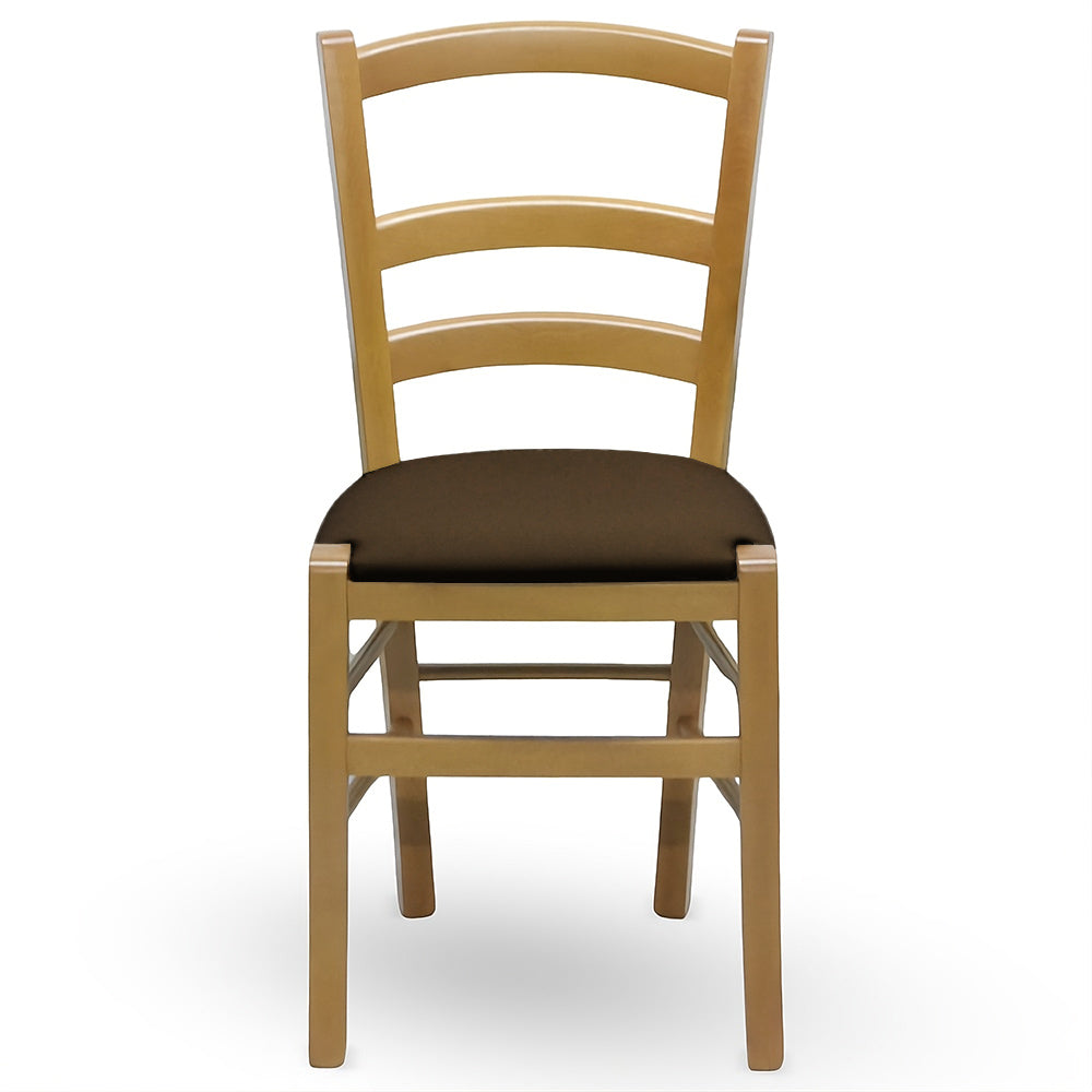 Sedi Venezia in legno noce chiaro con seduta imbottita in similpelle marrone