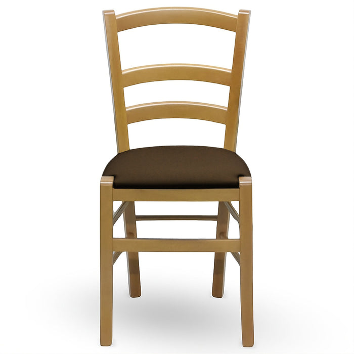 Sedi Venezia in legno noce chiaro con seduta imbottita in similpelle marrone