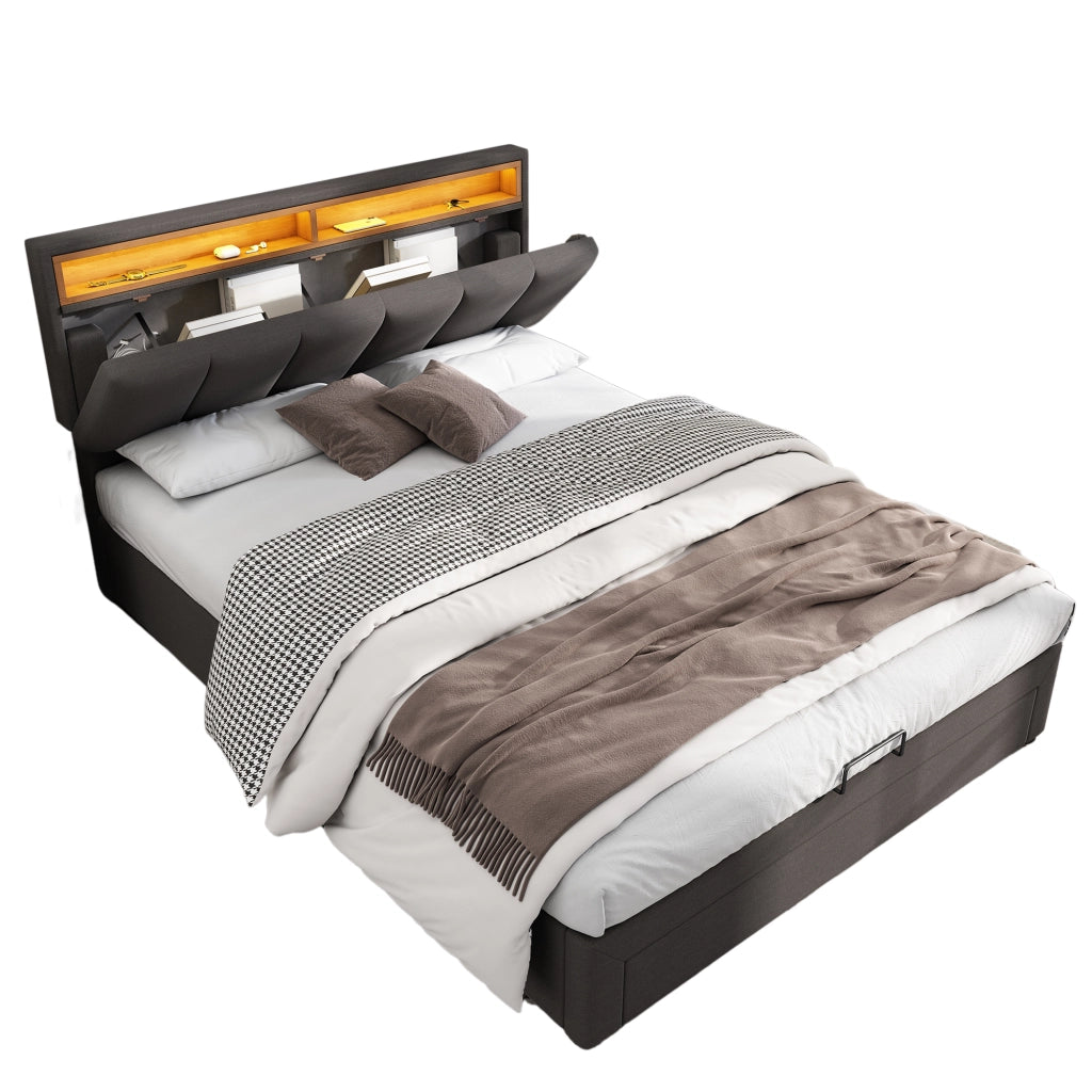 Letto imbottito 140x200 cm grigio con LED, rete a doghe, vano contenitore sottoletto e struttura in MDF