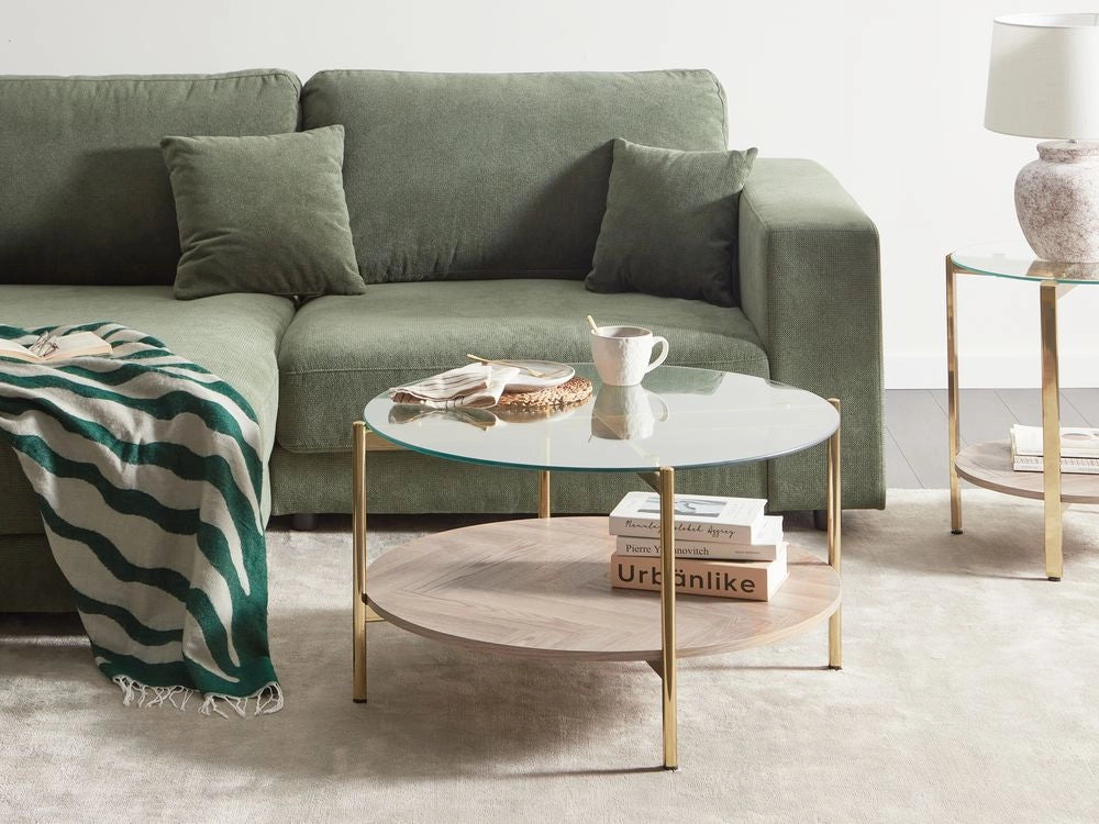 Tavolino con piano in vetro temperato con 1 ripiano in legno chiaro oro stile moderno