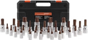 Set di chiavi Torx a 34 pezzi, T6-T70, robusto e resistente alla sabotaggio, acciaio S2 e Cr-V, 1/4 pollici, 3/8 pollici e 1/2 pollici di trasmissione, con contenitore di stoccaggio, uso manuale.