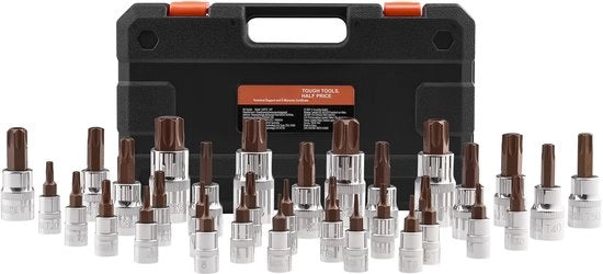Set di chiavi Torx a 34 pezzi, T6-T70, robusto e resistente alla sabotaggio, acciaio S2 e Cr-V, 1/4 pollici, 3/8 pollici e 1/2 pollici di trasmissione, con contenitore di stoccaggio, uso manuale.