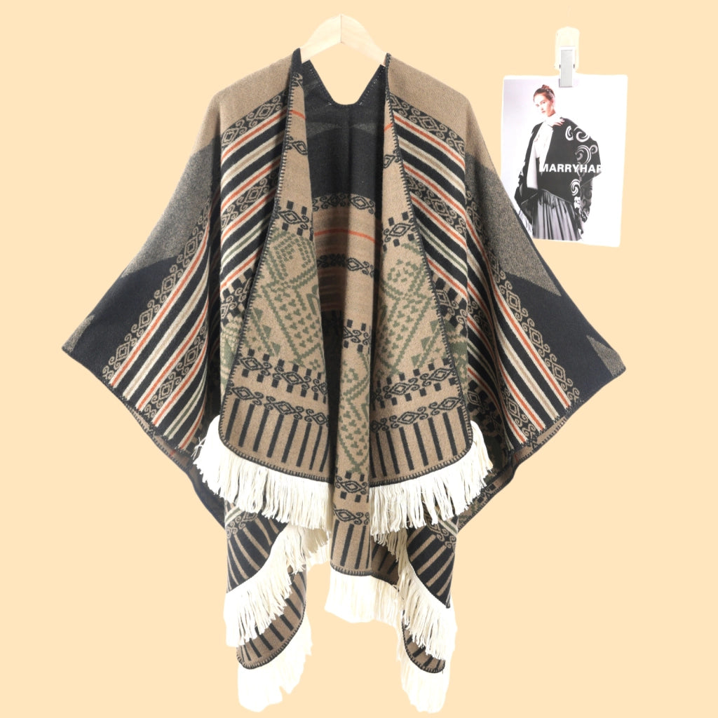 Sciarpa da viaggio da donna in stile vintage con frange, mantello esterno, cappa