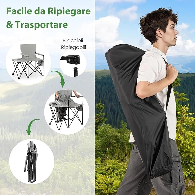 Sedia da Campeggio con Tavolino Laterale, Sedia da Picnic Pieghevole con 2 Tasche, Portabicchieri, Braccioli Imbottiti, Borsa da Trasporto, Portata 150 kg (Grigio)