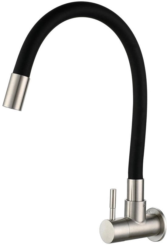 Cranio con Montaggio a Parete con Flessibile Uscita in Acciaio Inossidabile, Fitting per Acqua Fredda, Maniglione Singolo, Cucina, Fitting per Parete 360°, Cucina con Sintetico Slang Flexibile