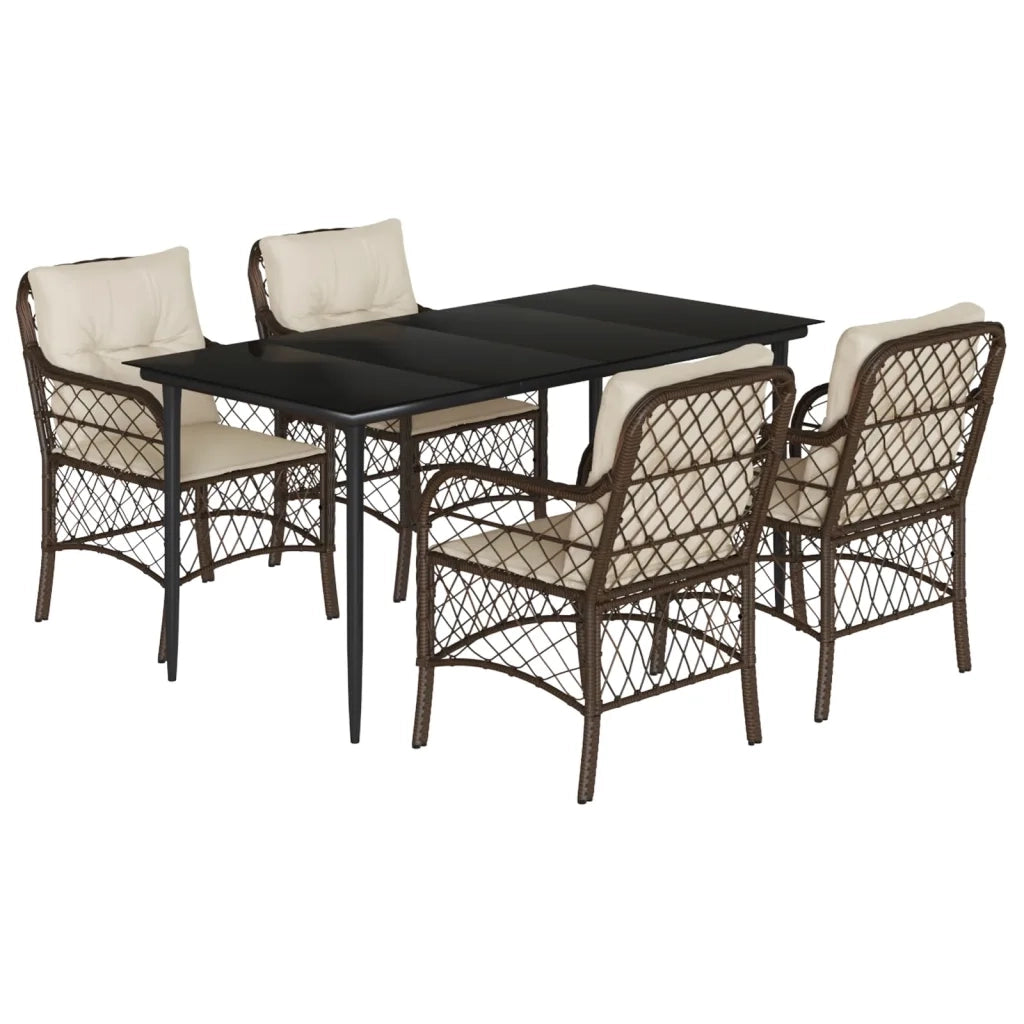 Set da Pranzo da Giardino 5pz con Cuscini in Polyrattan Marrone