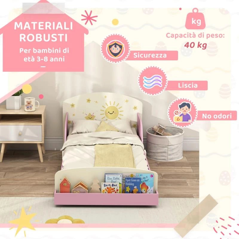 LETTO PER BAMBINI 3-8 ANNI BASSO IN LEGNO CON SPAZIO CONTENITORE E SPONDE LATERALI, 150X77X60 CM, ROSA