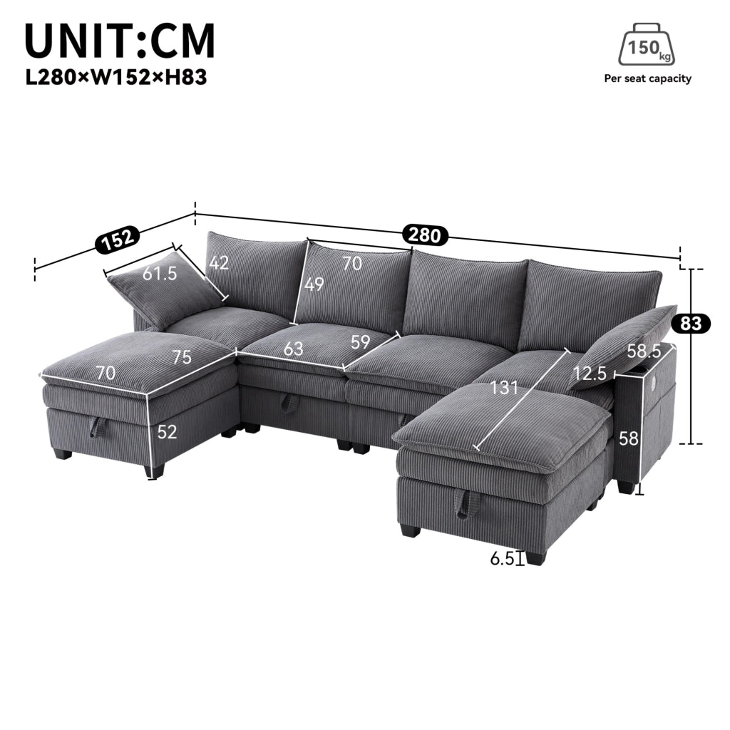 Divano modulare 6 posti a L o U in velluto a coste; con 2 pouf; USB e vani contenitore; grigio