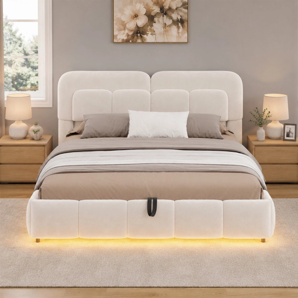 Letto matrimoniale imbottito 140x200 cm in velluto beige con LED e vano contenitore