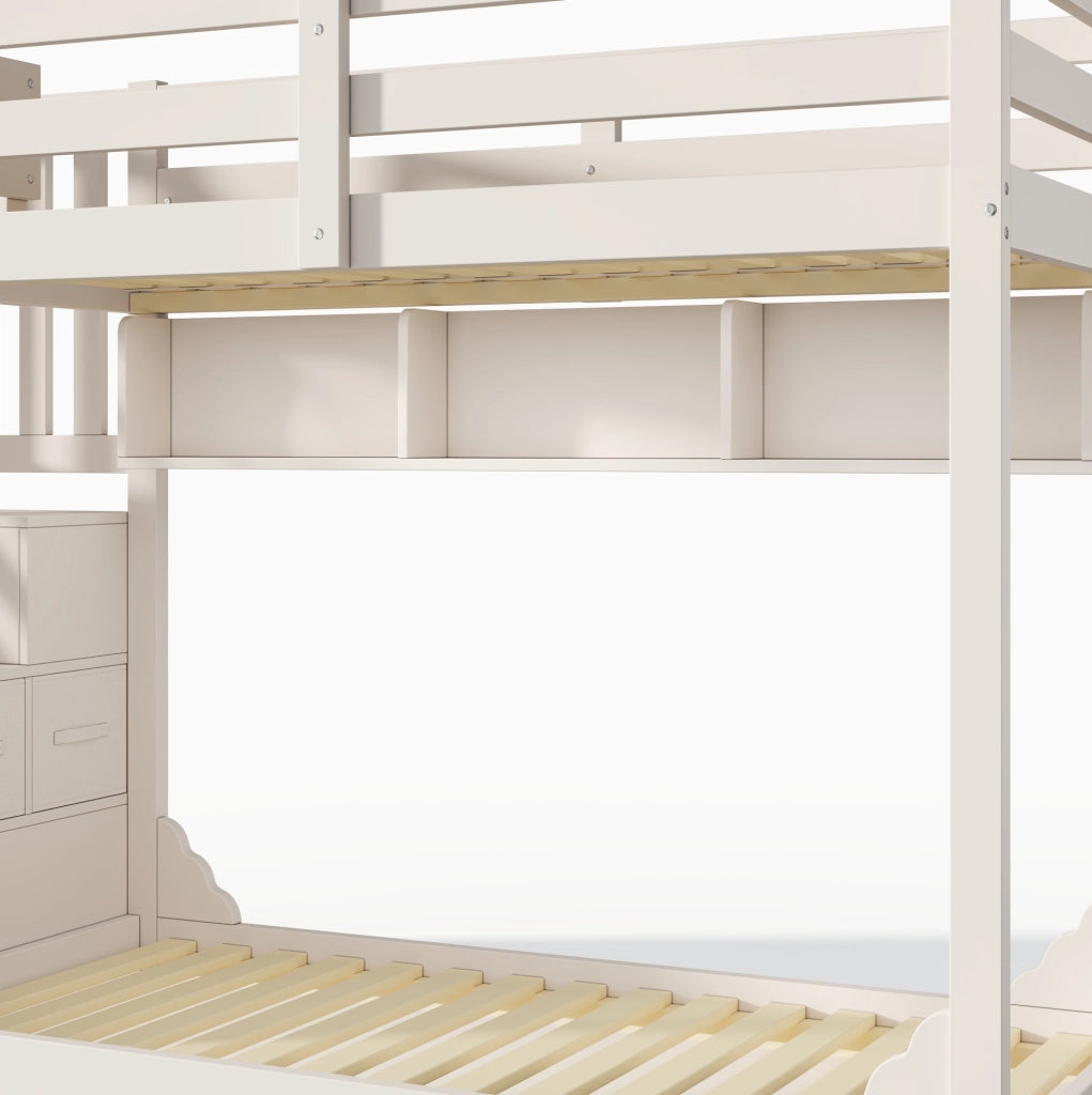 Letto a castello per bambini 90x200 cm bianco con scala contenitore e ripiani integrati